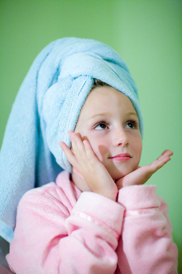 young pre teen posing in photo after bath wrapped in towels, Willa Stein Photography